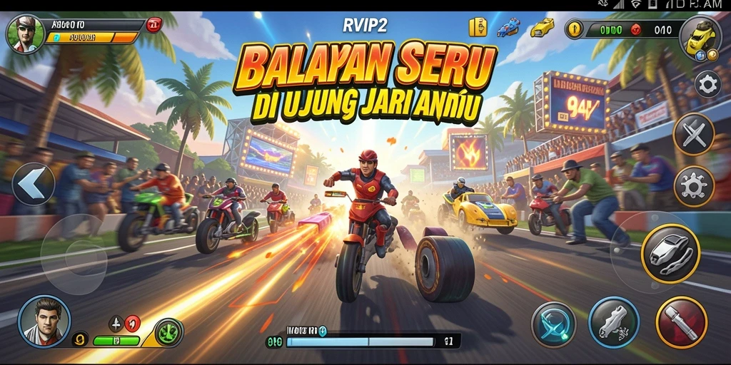 Tampilan gameplay <strong>RVIP2</strong> yang penuh aksi dan kecepatan di trek balap.
