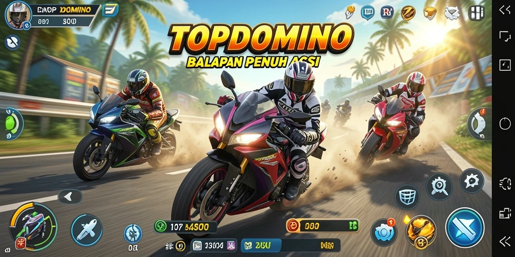 Tampilan balapan seru dengan motor yang melaju kencang.
