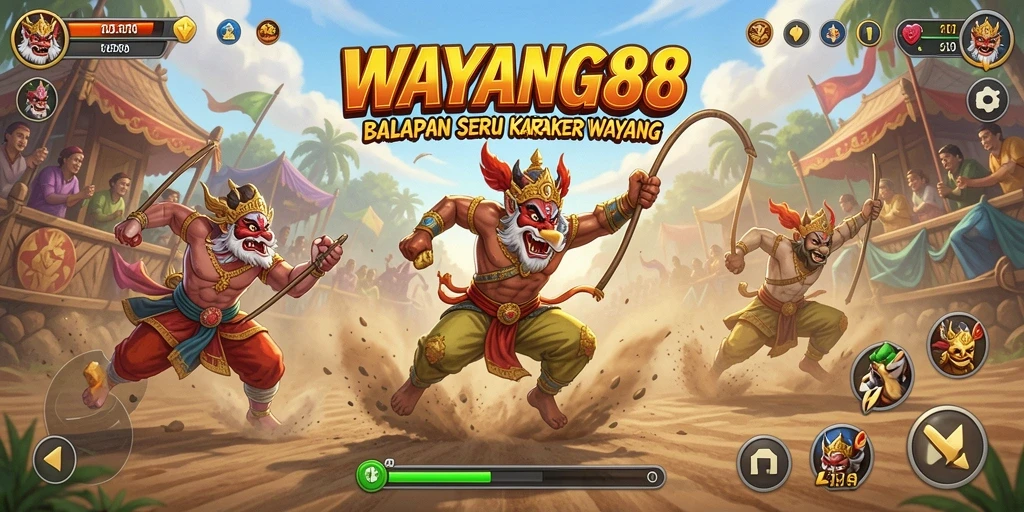 Screenshot gameplay <strong>WAYANG88</strong> menampilkan balapan seru dengan karakter wayang.